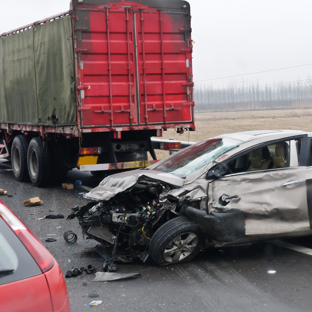 Damaged sedan with crushed front end after colliding with a commercial truck on a highway